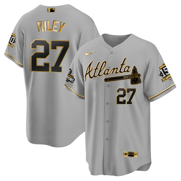 Men's Atlanta Braves #27 Austin Riley 2021 Gray/Gold World Series Champions With 150th Anniversary Patch Cool Base Stitched Jersey